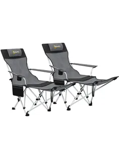 Outsunny Set of 2 Reclining Folding Camping Chair w/ Detachable Footrest, Storage Bag, Cup Holder & Headrest, Lightweight Portab