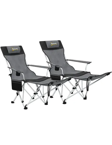 Outsunny Set of 2 Reclining Folding Camping Chair w/ Detachable Footrest, Storage Bag, Cup Holder & Headrest, Lightweight Portab