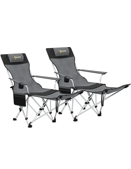 Outsunny Set of 2 Reclining Folding Camping Chair w/ Detachable Footrest, Storage Bag, Cup Holder & Headrest, Lightweight Portab