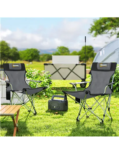 Outsunny Set of 2 Reclining Folding Camping Chair w/ Detachable Footrest, Storage Bag, Cup Holder & Headrest, Lightweight Portab