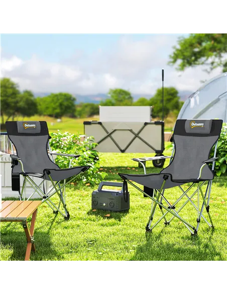 Outsunny Set of 2 Reclining Folding Camping Chair w/ Detachable Footrest, Storage Bag, Cup Holder & Headrest, Lightweight Portab