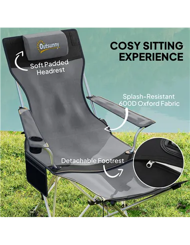 Outsunny Set of 2 Reclining Folding Camping Chair w/ Detachable Footrest, Storage Bag, Cup Holder & Headrest, Lightweight Portab