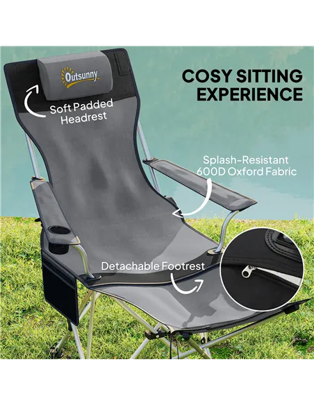 Outsunny Set of 2 Reclining Folding Camping Chair w/ Detachable Footrest, Storage Bag, Cup Holder & Headrest, Lightweight Portab