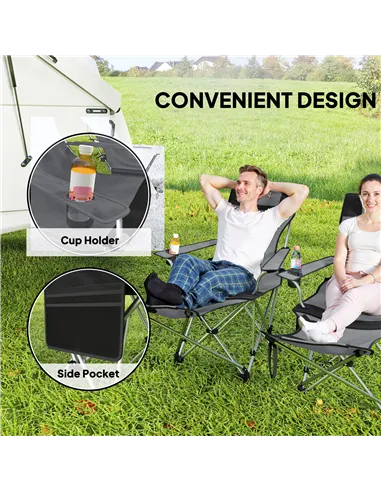 Outsunny Set of 2 Reclining Folding Camping Chair w/ Detachable Footrest, Storage Bag, Cup Holder & Headrest, Lightweight Portab