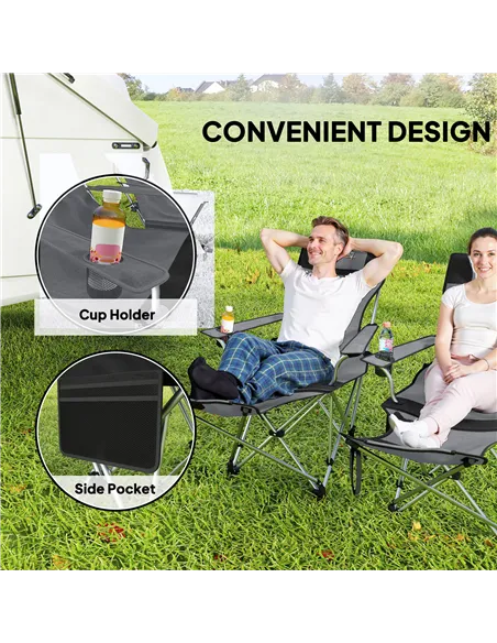Outsunny Set of 2 Reclining Folding Camping Chair w/ Detachable Footrest, Storage Bag, Cup Holder & Headrest, Lightweight Portab