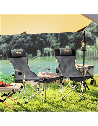 Outsunny Set of 2 Reclining Folding Camping Chair w/ Detachable Footrest, Storage Bag, Cup Holder & Headrest, Lightweight Portab