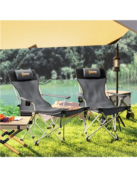 Outsunny Set of 2 Reclining Folding Camping Chair w/ Detachable Footrest, Storage Bag, Cup Holder & Headrest, Lightweight Portab