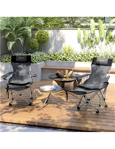 Outsunny Set of 2 Reclining Folding Camping Chair w/ Detachable Footrest, Storage Bag, Cup Holder & Headrest, Lightweight Portab