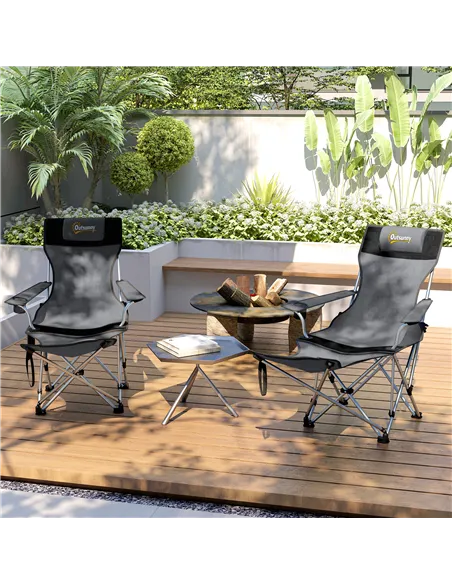 Outsunny Set of 2 Reclining Folding Camping Chair w/ Detachable Footrest, Storage Bag, Cup Holder & Headrest, Lightweight Portab