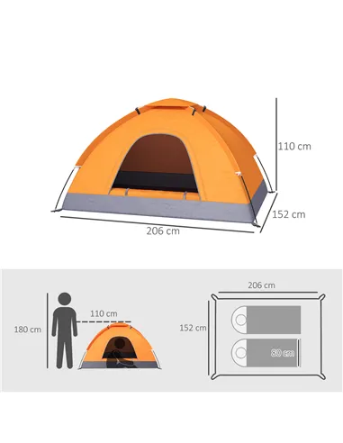 Outsunny 2 Person Camping Tent, Dome Tent with Zipped Doors, Storage Pocket, Portable Handy Bag, Orange