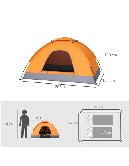 Outsunny 2 Person Camping Tent, Dome Tent with Zipped Doors, Storage Pocket, Portable Handy Bag, Orange
