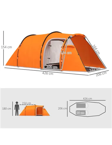 Outsunny 2-3 Man Tunnel Tents w/ Vestibule Camping Tent Porch Air Vents Weather-Resistant Shelter, Orange