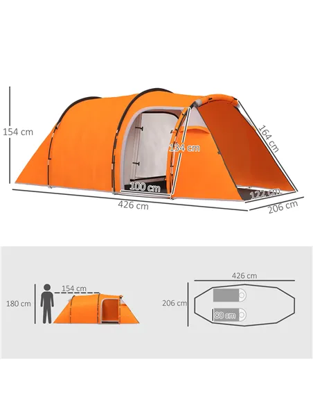Outsunny 2-3 Man Tunnel Tents w/ Vestibule Camping Tent Porch Air Vents Weather-Resistant Shelter, Orange