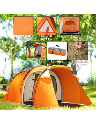 Outsunny 2-3 Man Tunnel Tents w/ Vestibule Camping Tent Porch Air Vents Weather-Resistant Shelter, Orange