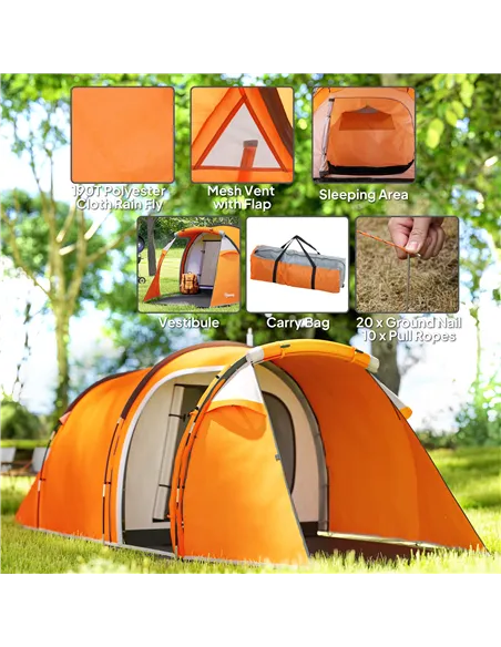 Outsunny 2-3 Man Tunnel Tents w/ Vestibule Camping Tent Porch Air Vents Weather-Resistant Shelter, Orange