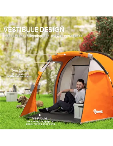 Outsunny 2-3 Man Tunnel Tents w/ Vestibule Camping Tent Porch Air Vents Weather-Resistant Shelter, Orange