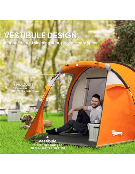 Outsunny 2-3 Man Tunnel Tents w/ Vestibule Camping Tent Porch Air Vents Weather-Resistant Shelter, Orange