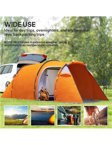 Outsunny 2-3 Man Tunnel Tents w/ Vestibule Camping Tent Porch Air Vents Weather-Resistant Shelter, Orange