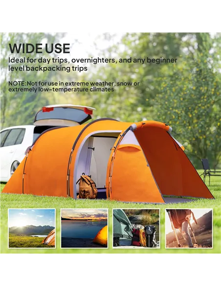 Outsunny 2-3 Man Tunnel Tents w/ Vestibule Camping Tent Porch Air Vents Weather-Resistant Shelter, Orange