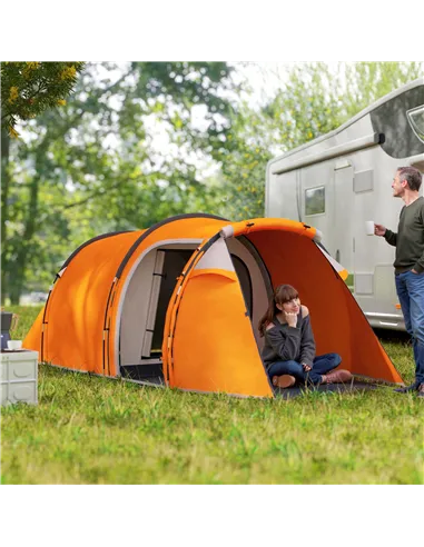Outsunny 2-3 Man Tunnel Tents w/ Vestibule Camping Tent Porch Air Vents Weather-Resistant Shelter, Orange