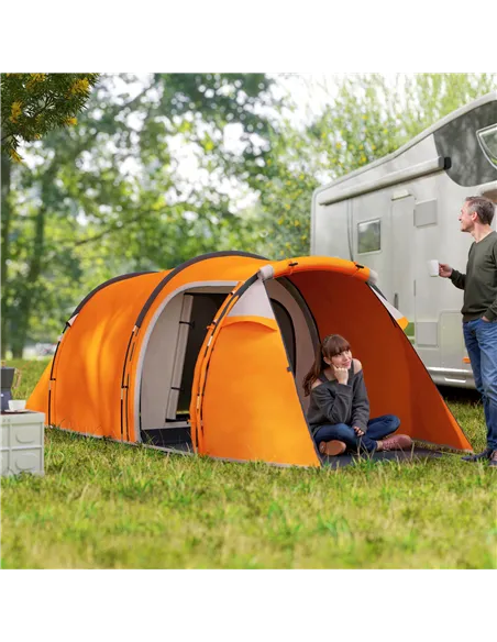 Outsunny 2-3 Man Tunnel Tents w/ Vestibule Camping Tent Porch Air Vents Weather-Resistant Shelter, Orange