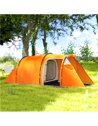 Outsunny 2-3 Man Tunnel Tents w/ Vestibule Camping Tent Porch Air Vents Weather-Resistant Shelter, Orange