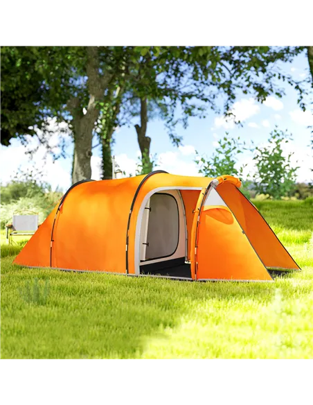 Outsunny 2-3 Man Tunnel Tents w/ Vestibule Camping Tent Porch Air Vents Weather-Resistant Shelter, Orange