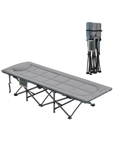 Outsunny Folding Camping Bed for Adults with Cushion, Heavy Duty Portable Travel Camping Cot with Headrest, Side Pocket and Non-