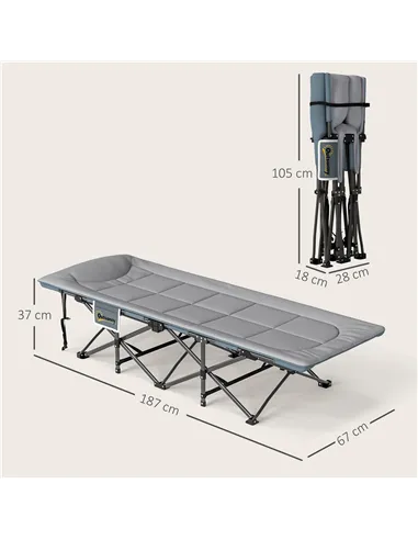 Outsunny Folding Camping Bed for Adults with Cushion, Heavy Duty Portable Travel Camping Cot with Headrest, Side Pocket and Non-