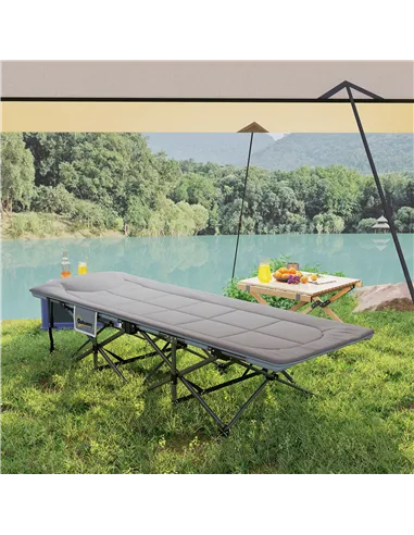 Outsunny Folding Camping Bed for Adults with Cushion, Heavy Duty Portable Travel Camping Cot with Headrest, Side Pocket and Non-