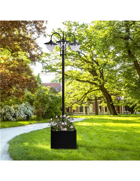 Outsunny 189cm 3-head Solar Lamp Post, Street Light with Planter, Automatic-on, 6 Hour Max Outdoor Ready LED Lighting, Black