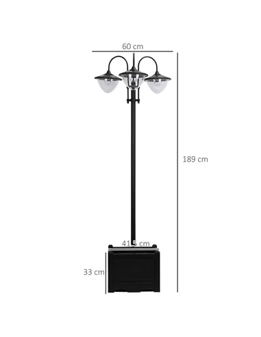 Outsunny 189cm 3-head Solar Lamp Post, Street Light with Planter, Automatic-on, 6 Hour Max Outdoor Ready LED Lighting, Black