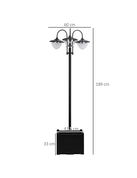Outsunny 189cm 3-head Solar Lamp Post, Street Light with Planter, Automatic-on, 6 Hour Max Outdoor Ready LED Lighting, Black