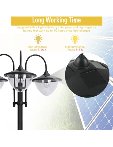Outsunny 189cm 3-head Solar Lamp Post, Street Light with Planter, Automatic-on, 6 Hour Max Outdoor Ready LED Lighting, Black