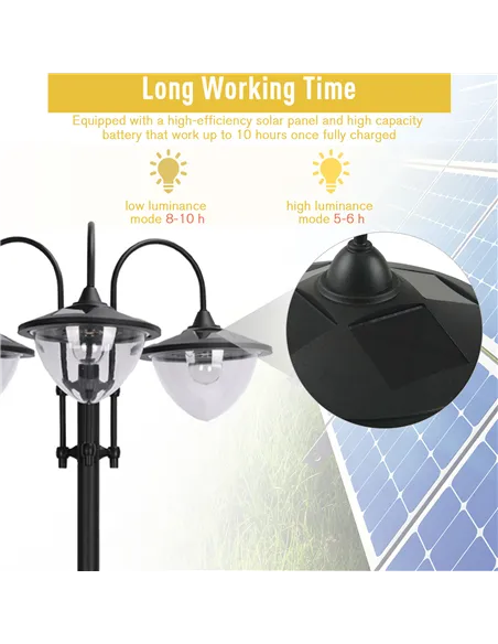 Outsunny 189cm 3-head Solar Lamp Post, Street Light with Planter, Automatic-on, 6 Hour Max Outdoor Ready LED Lighting, Black