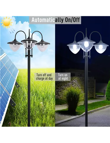 Outsunny 189cm 3-head Solar Lamp Post, Street Light with Planter, Automatic-on, 6 Hour Max Outdoor Ready LED Lighting, Black