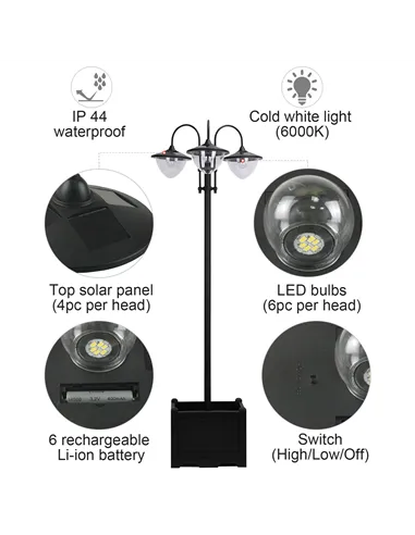 Outsunny 189cm 3-head Solar Lamp Post, Street Light with Planter, Automatic-on, 6 Hour Max Outdoor Ready LED Lighting, Black