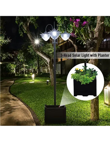 Outsunny 189cm 3-head Solar Lamp Post, Street Light with Planter, Automatic-on, 6 Hour Max Outdoor Ready LED Lighting, Black