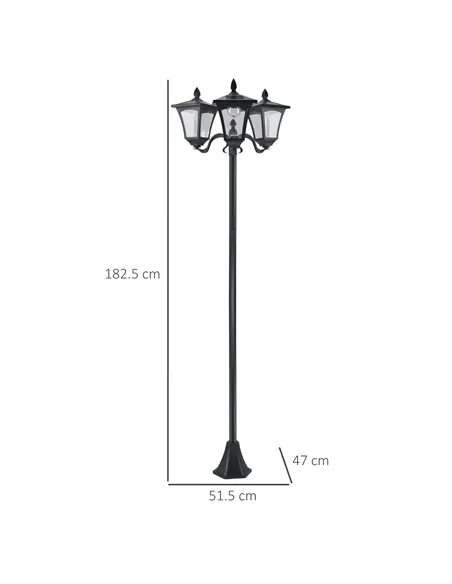 Outsunny 1.8m Traditional Victorian Style 3 Way Head Outdoor Garden Solar Post Lamp Sensor Dimmable LED Lantern Bollard Pathway 