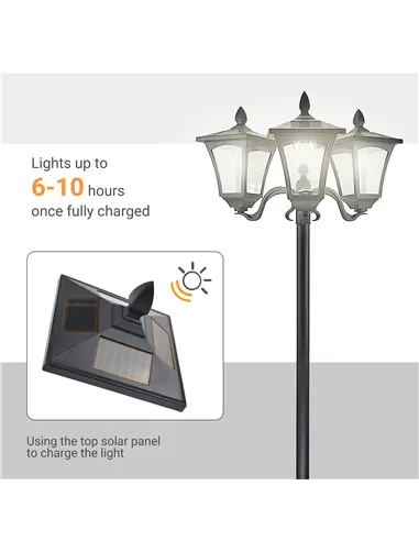 Outsunny 1.8m Traditional Victorian Style 3 Way Head Outdoor Garden Solar Post Lamp Sensor Dimmable LED Lantern Bollard Pathway 