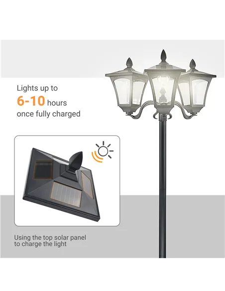 Outsunny 1.8m Traditional Victorian Style 3 Way Head Outdoor Garden Solar Post Lamp Sensor Dimmable LED Lantern Bollard Pathway 