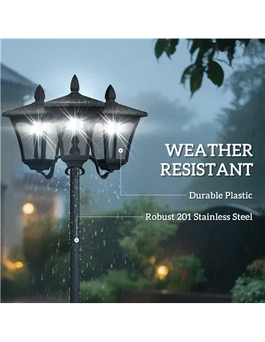Outsunny 1.8m Traditional Victorian Style 3 Way Head Outdoor Garden Solar Post Lamp Sensor Dimmable LED Lantern Bollard Pathway 