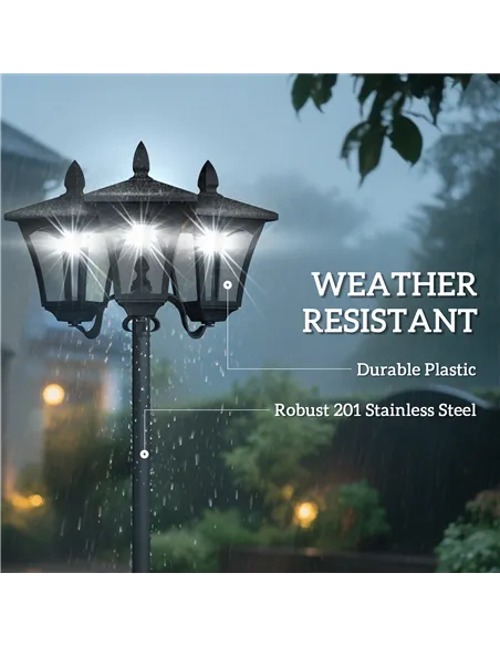 Outsunny 1.8m Traditional Victorian Style 3 Way Head Outdoor Garden Solar Post Lamp Sensor Dimmable LED Lantern Bollard Pathway 