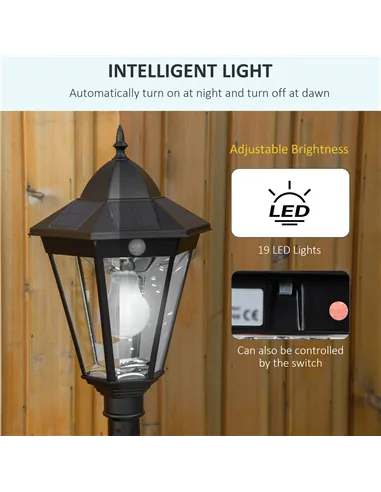 Outsunny 1.9M Garden Lamp Post Light, IP44 Outdoor LED Solar Powered Lantern Lamp with Decorative Bulb, Aluminium Frame for Pati