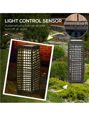 Outsunny Outdoor Rattan Solar Lantern, Brushed PE Wicker Patio Garden Lantern wtih Auto On/Off Solar Powered LED Lights for Indo