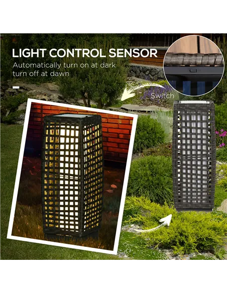 Outsunny Outdoor Rattan Solar Lantern, Brushed PE Wicker Patio Garden Lantern wtih Auto On/Off Solar Powered LED Lights for Indo