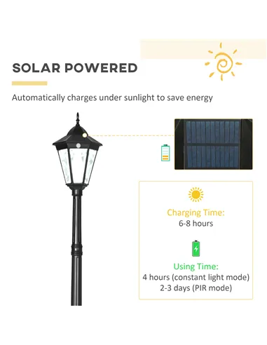 Outsunny 2.4 m Garden Lamp Post Light, LED Solar Powered Patio Path Lighting Lamp with Aluminium Frame, PIR Motion Sensor for La