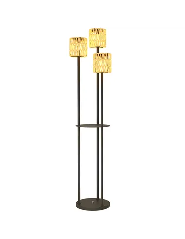 Outsunny Boho Rattan Floor Lamp, 3-Lights Rattan Lamp with Shelf, Freestanding Solar Garden Light with Auto On/Off Lights, IP44 