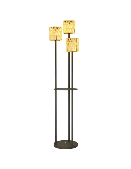 Outsunny Boho Rattan Floor Lamp, 3-Lights Rattan Lamp with Shelf, Freestanding Solar Garden Light with Auto On/Off Lights, IP44 