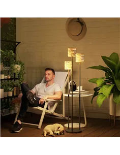 Outsunny Boho Rattan Floor Lamp, 3-Lights Rattan Lamp with Shelf, Freestanding Solar Garden Light with Auto On/Off Lights, IP44  2